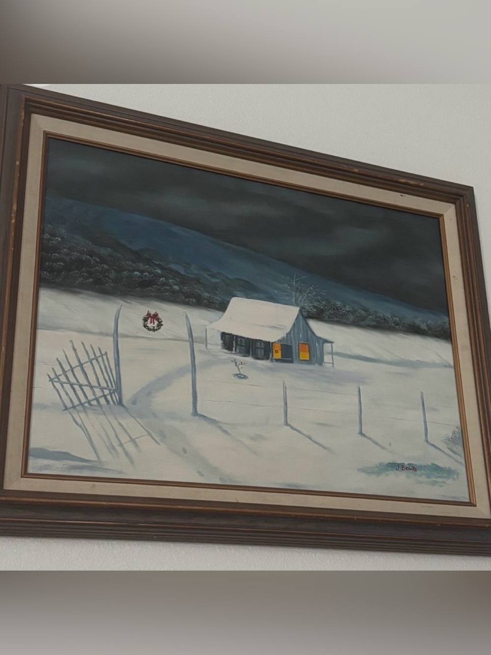 Vintage Winter Cabin Signed Artwork Framed Snow Landscape As Is Beautiful Final